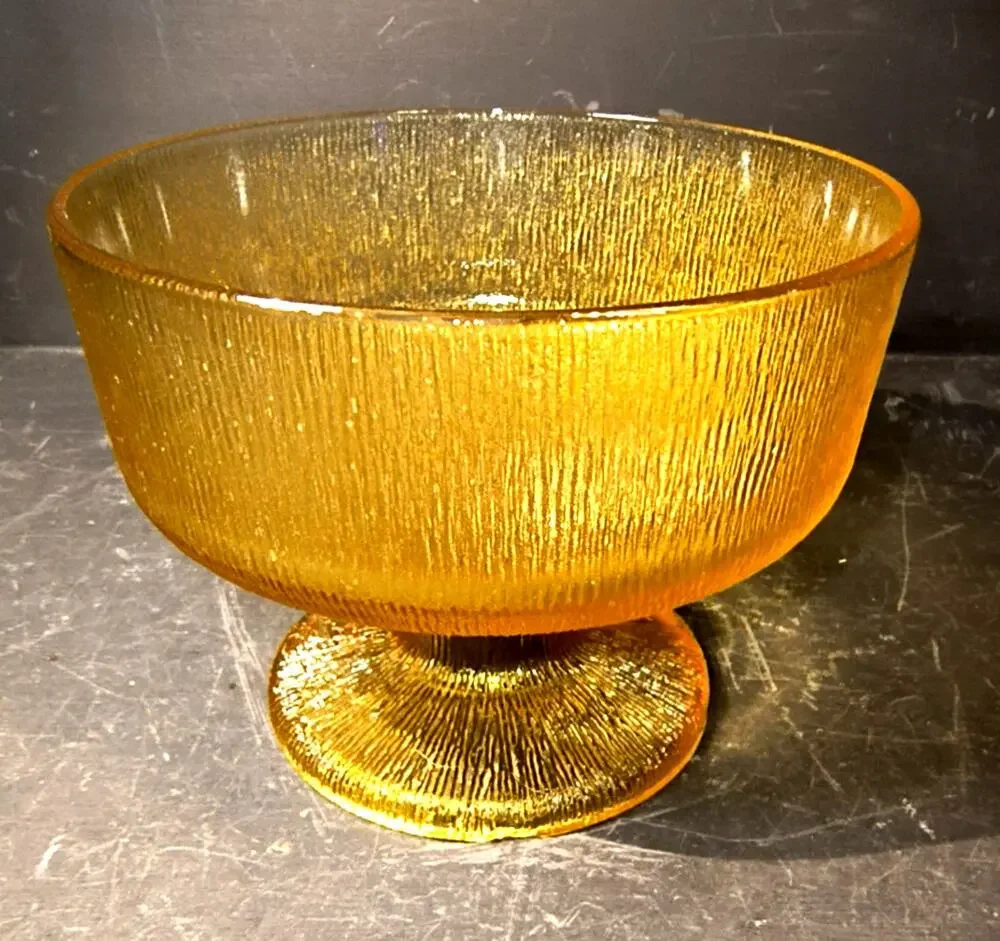 2044.  Vintage MCM Amber Glass Pedestal Compote Tree Bark Texture